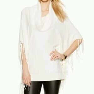 💜SALE: Michael KORS size XL Cowl Neck Fringe Poncho Sweater - Ivory White